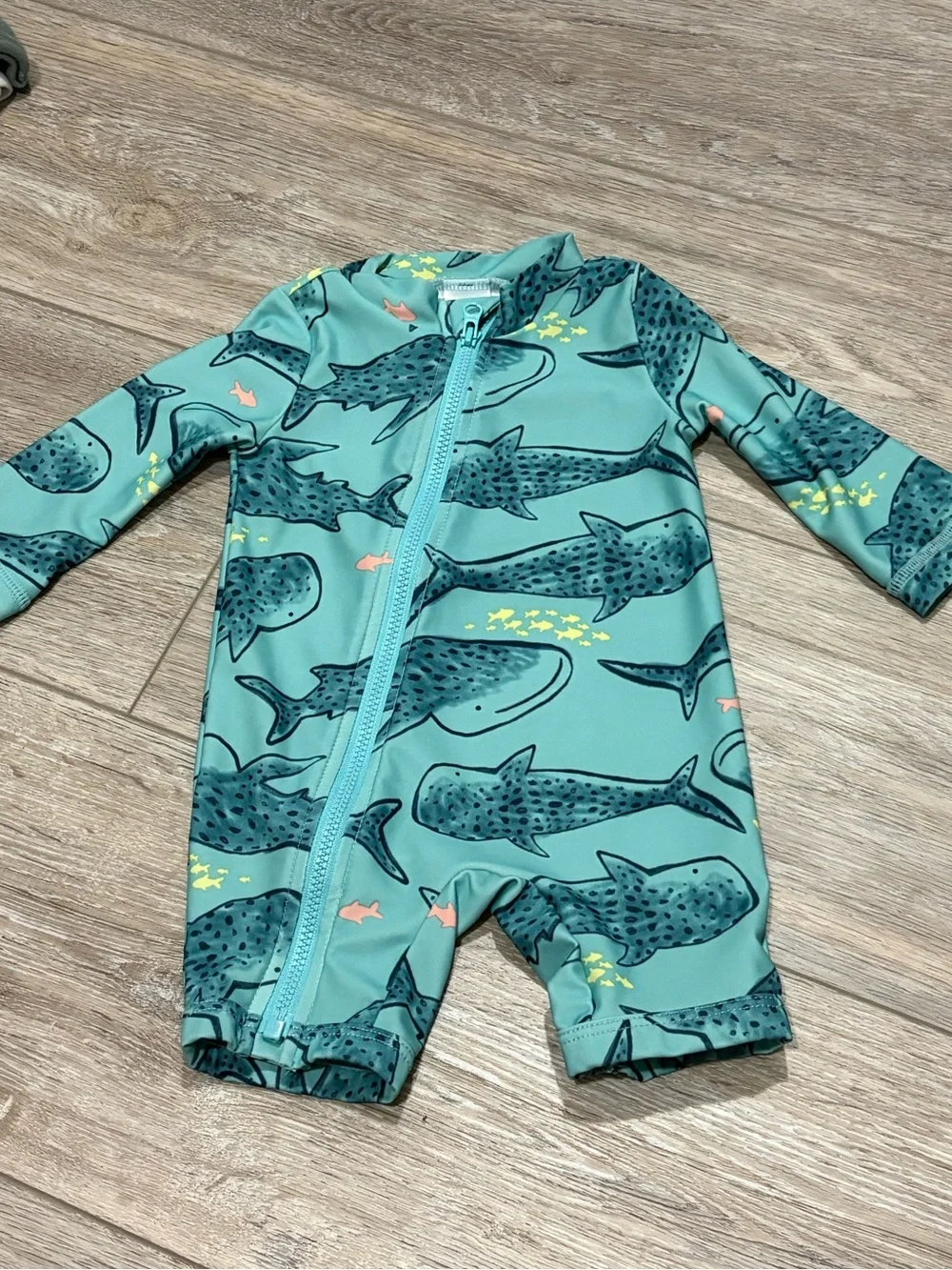 Carter's | Teal Shark-Print Zip One-Piece Swim Romper